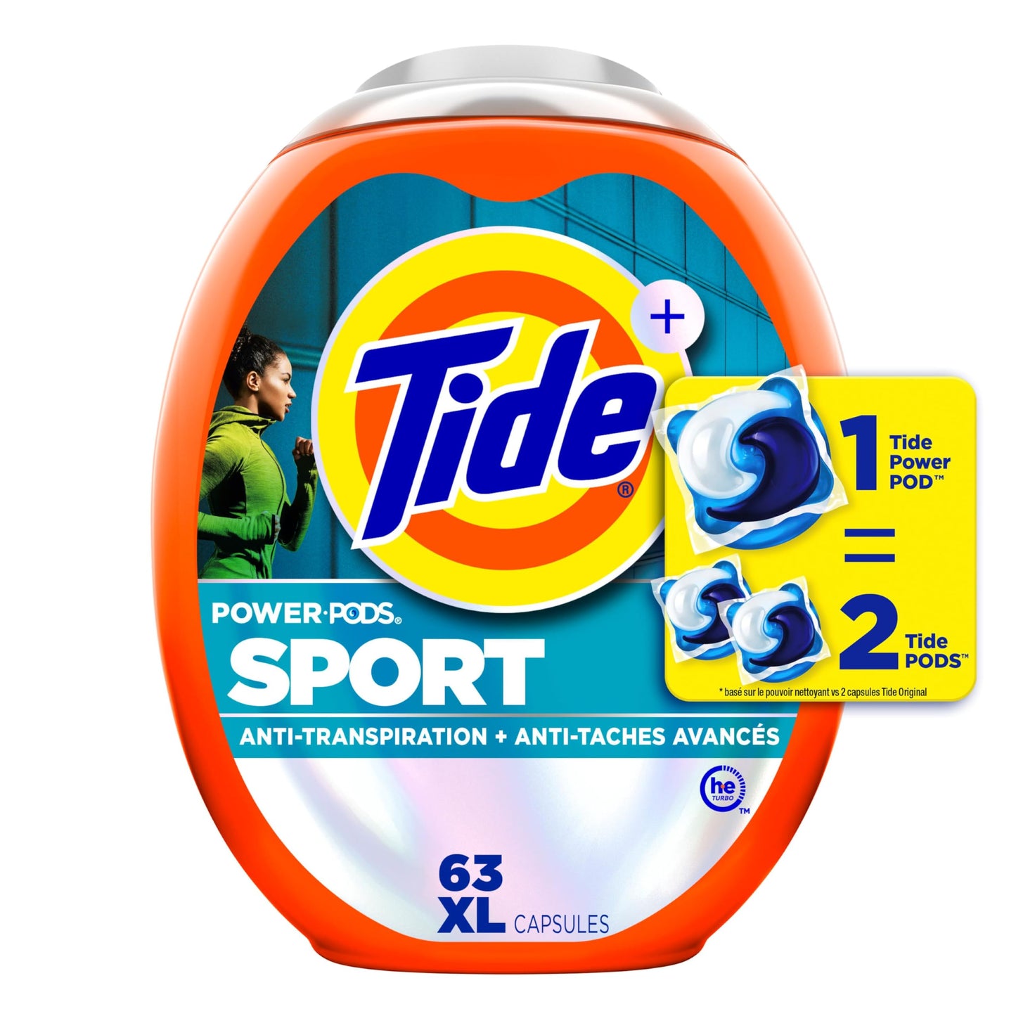 Tide Power Pods Sport Laundry Detergent Pacs, Advanced Sweat + Stain Fighter, 63 Count Tide