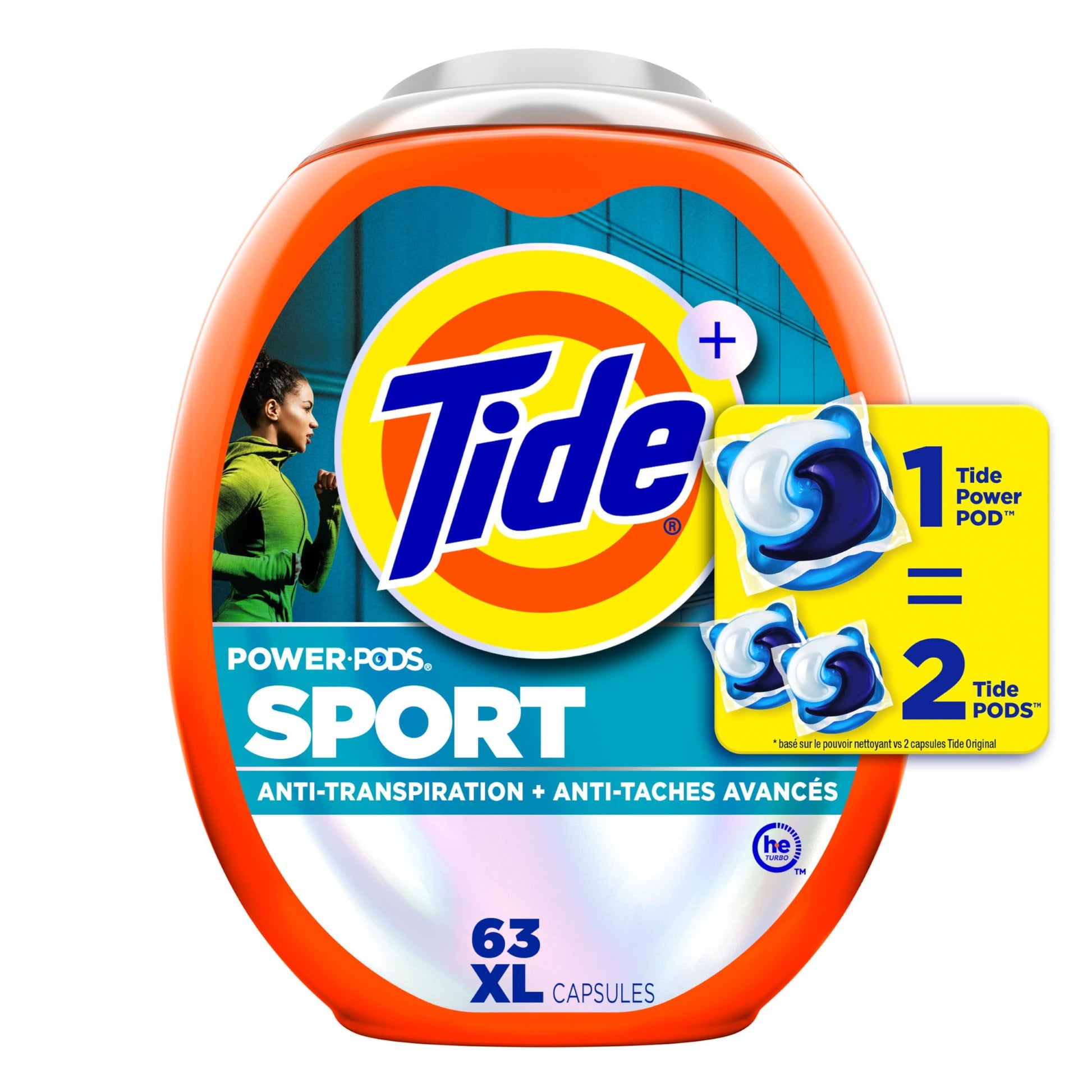 Tide Power Pods Sport Laundry Detergent Pacs, Advanced Sweat + Stain Fighter, 63 Count Tide