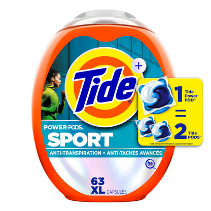 Tide Power Pods Sport Laundry Detergent Pacs, Advanced Sweat + Stain Fighter, 63 Count Tide