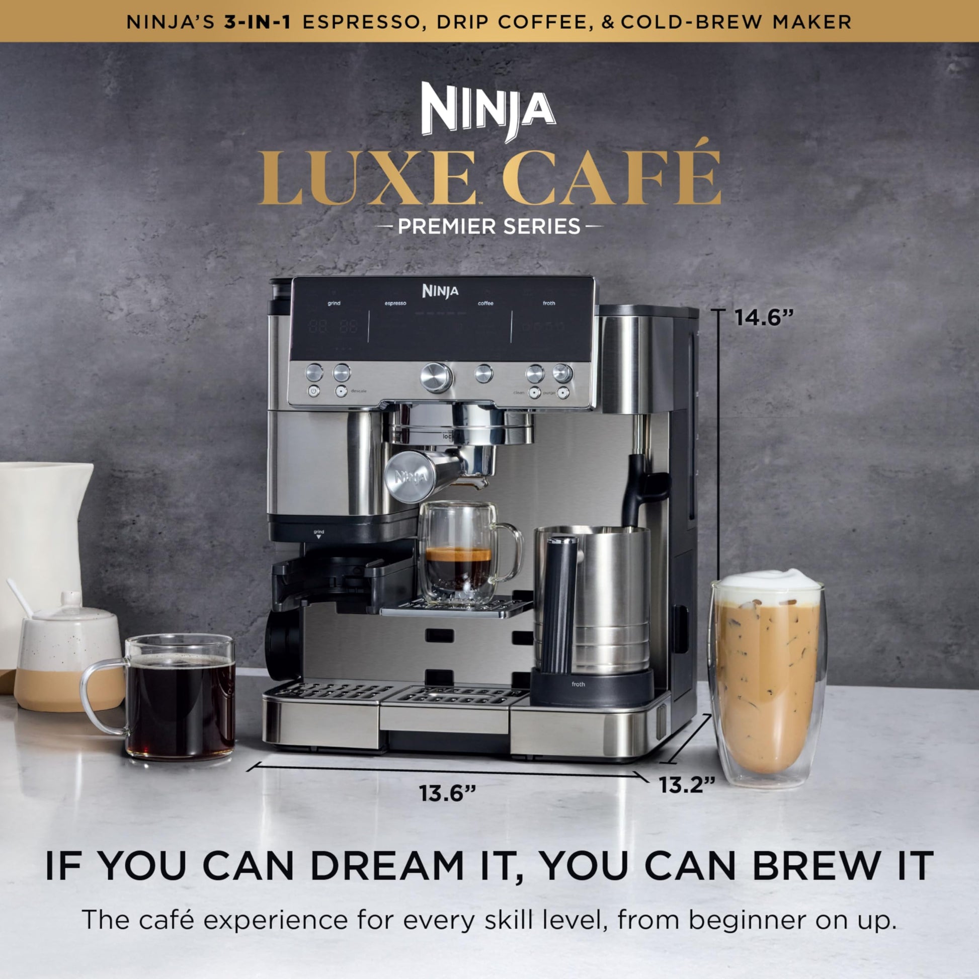 Ninja Espresso Machine, Luxe Café Premier Series, Drip Coffee Maker and Rapid Cold Brew, Integrated Grinder, Assisted Tamper, Hands-Free Frother, ES601C (Canadian Version) - Available at All In One Marketplace Canada