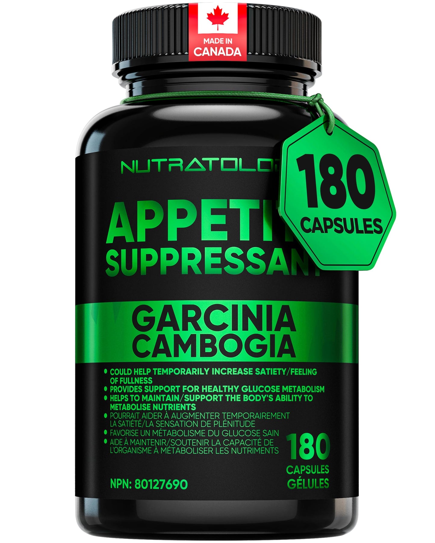 Nutratology® Garcinia Cambogia Appetite Suppressant Weight Loss For Women & Men | Canadian-Made | 500 MG Per Capsule | 60% HCA - Increase Feelings of Fullness & Maintain Blood Sugar Levels - 180 Count - Available at All In One Marketplace Canada