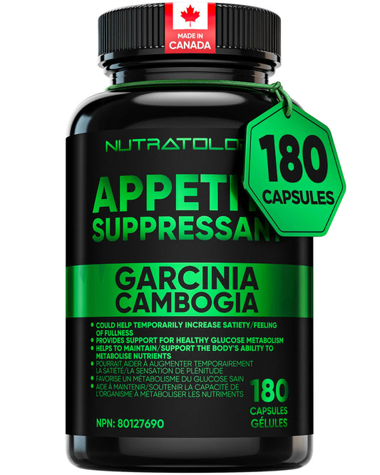 Nutratology® Garcinia Cambogia Appetite Suppressant Weight Loss For Women & Men | Canadian-Made | 500 MG Per Capsule | 60% HCA - Increase Feelings of Fullness & Maintain Blood Sugar Levels - 180 Count - Available at All In One Marketplace Canada