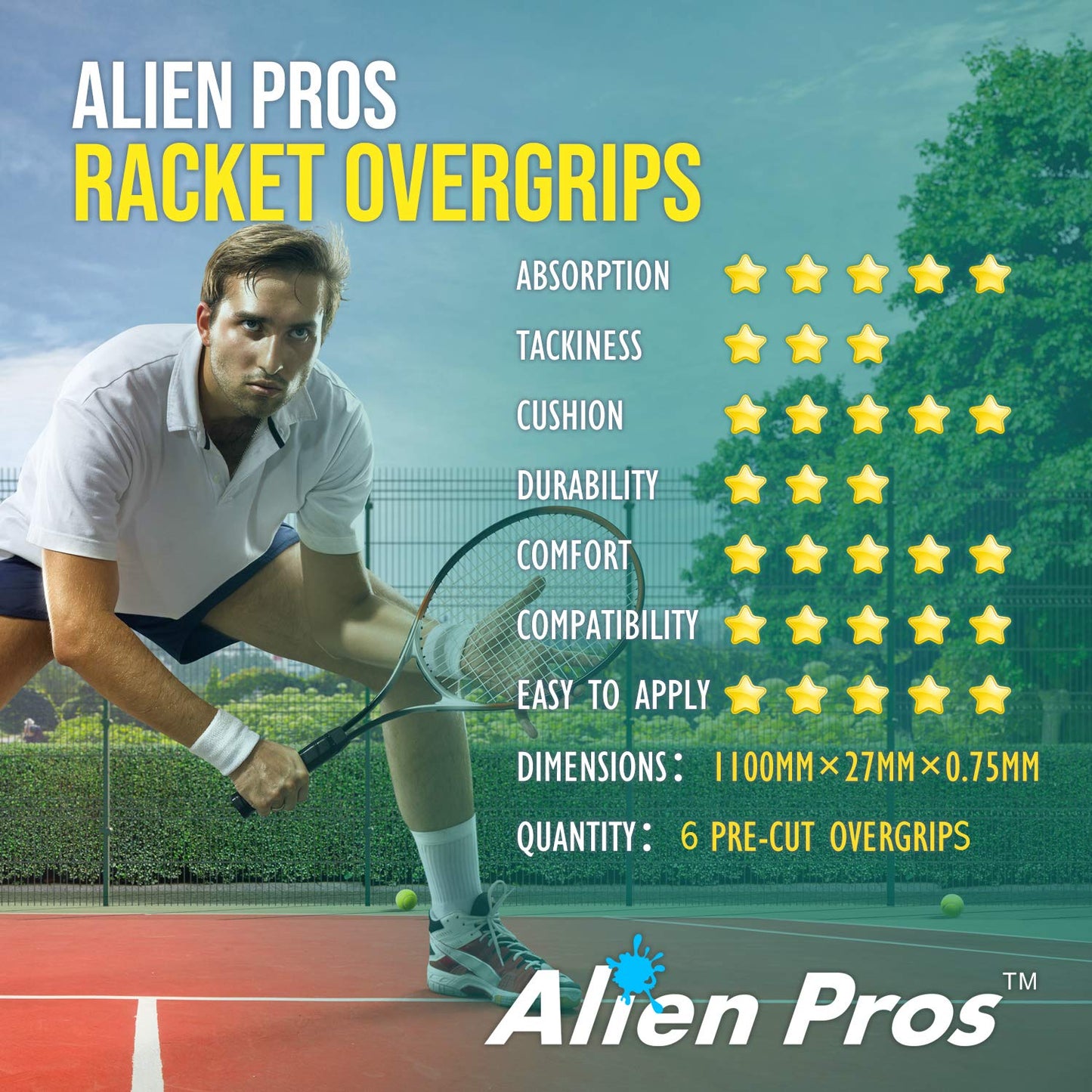 Alien Pros Tennis Racket Grip Tape (6 Grips) – Precut and Dry Feel Tennis Grip – Tennis Overgrip Grip Tape Tennis Racket – Wrap Your Racquet for High Performance (6 Grips, Black)
