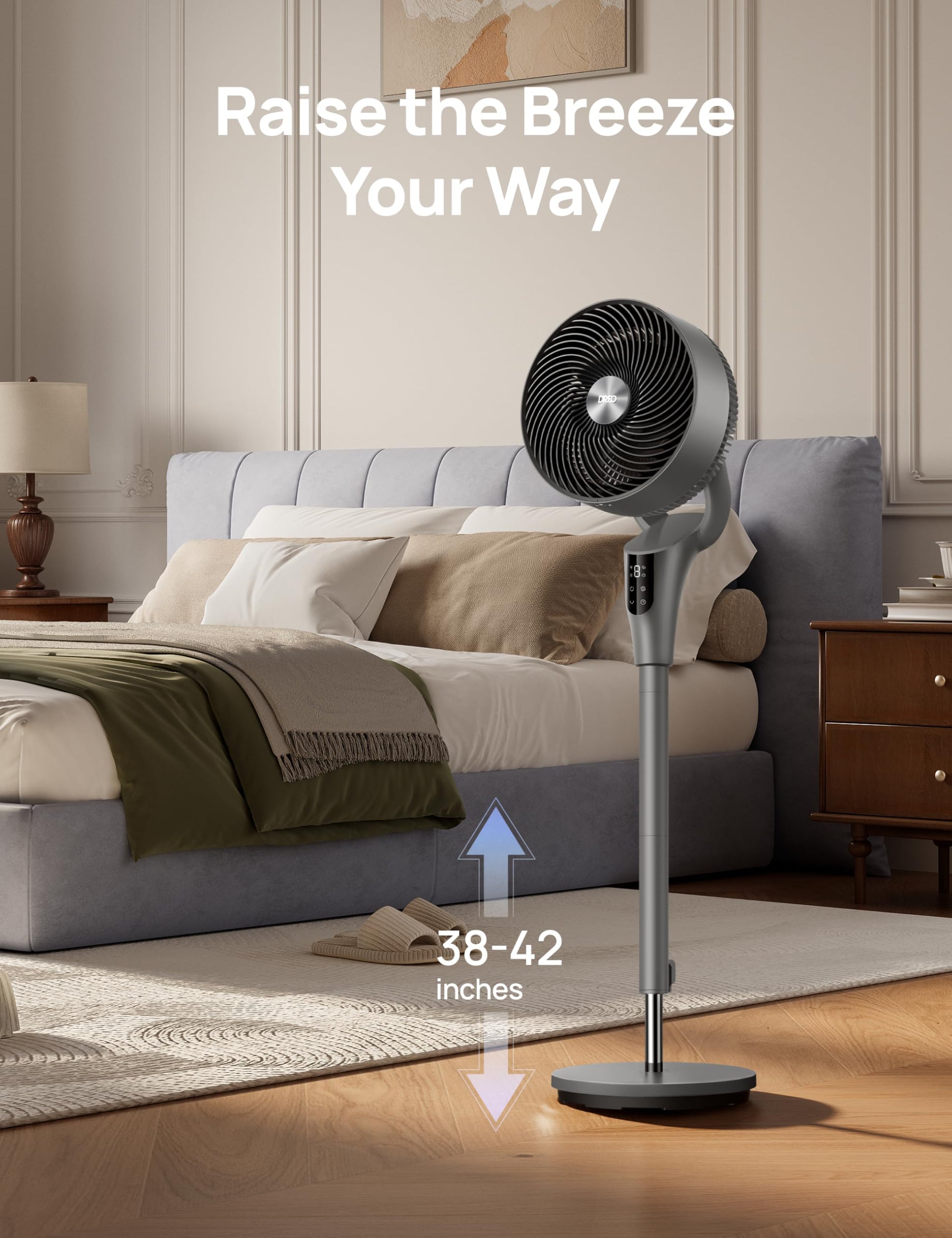 DREO Fan for Bedroom, 90° Oscillating Standing Fan, 20dB Quiet, 90ft Pedestal Fans for Room Office, DC Motor, 8+H Speeds, 3 Modes, 38-42'' Adjustable Height, Remote, 8H Timer, 105° Manual Vertical