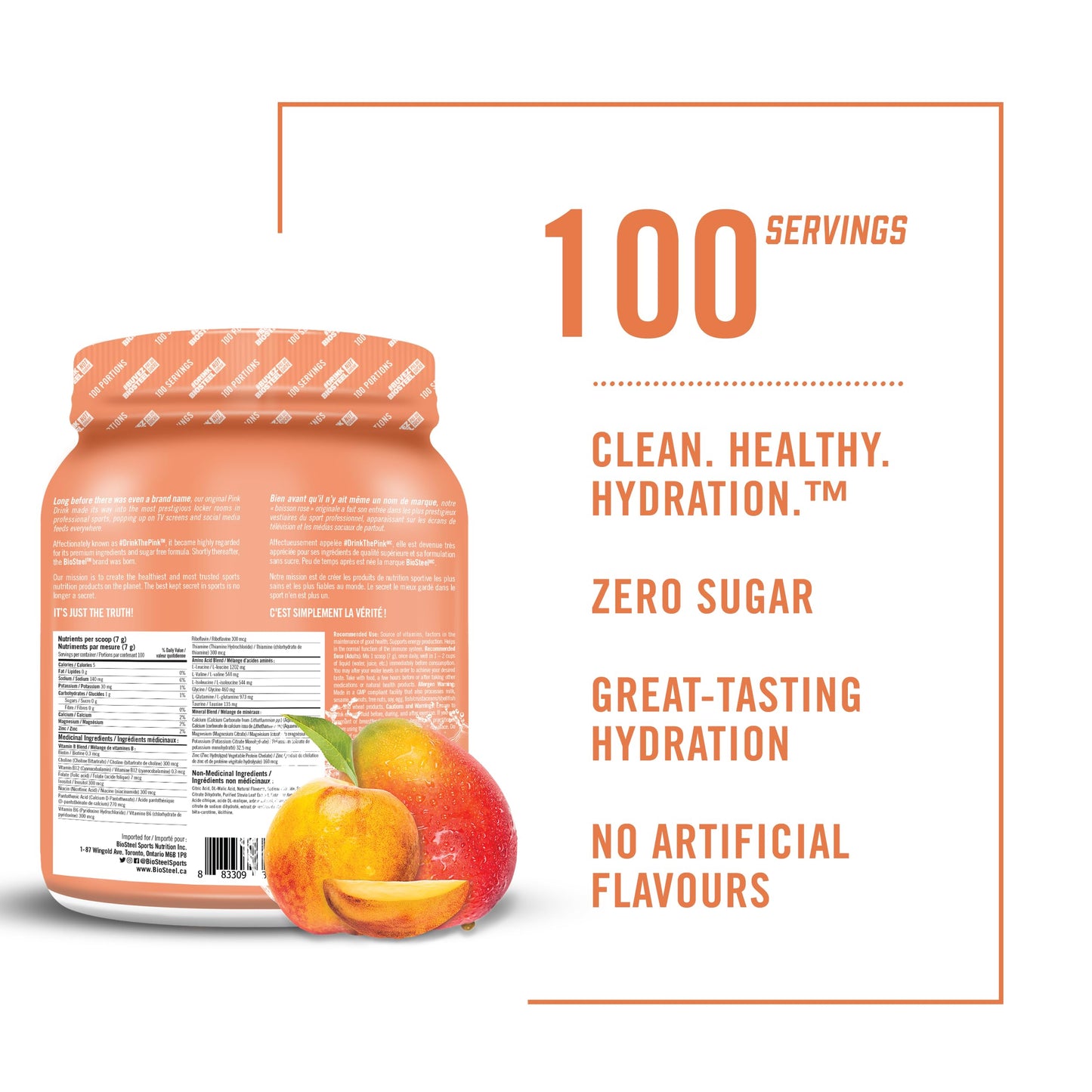 BioSteel Electrolyte Hydration Mix Powder, Zero Sugar, No Artificial Flavours, Peach Mango, 100 Serving Container - Available at All In One Marketplace Canada