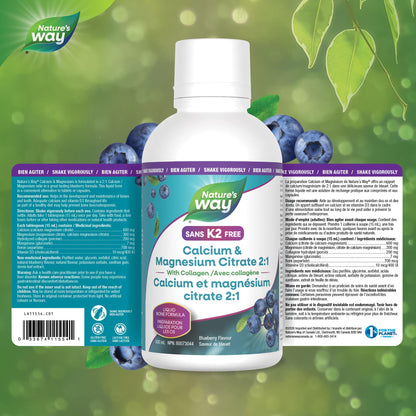 Nature's Way Calcium and Magnesium Citrate 2:1 - Liquid Supplement with Vitamin D3 and Collagen – Helps Support the Maintenance of Bones and Teeth – No Vitamin K2 - Blueberry Flavour, 500 mL