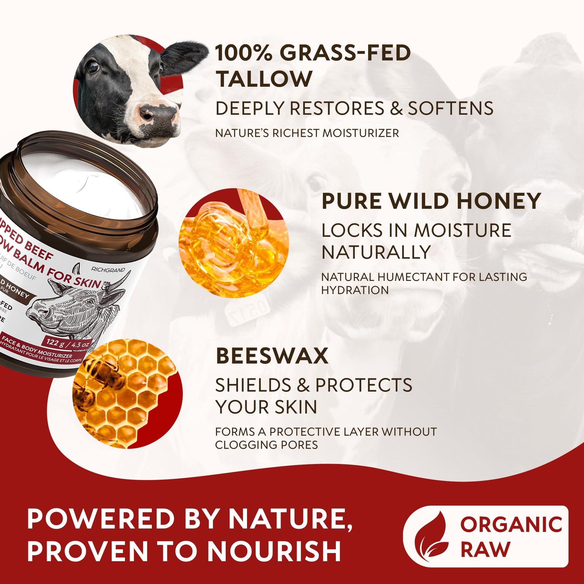 Beef Tallow Face Cream, Whipped Tallow and Honey Balm for Face and Body, Grass Fed Natural Skincare Moisturizer for Dry and Sensitive Skin, Hydrating Body Butter - Available at All In One Marketplace Canada