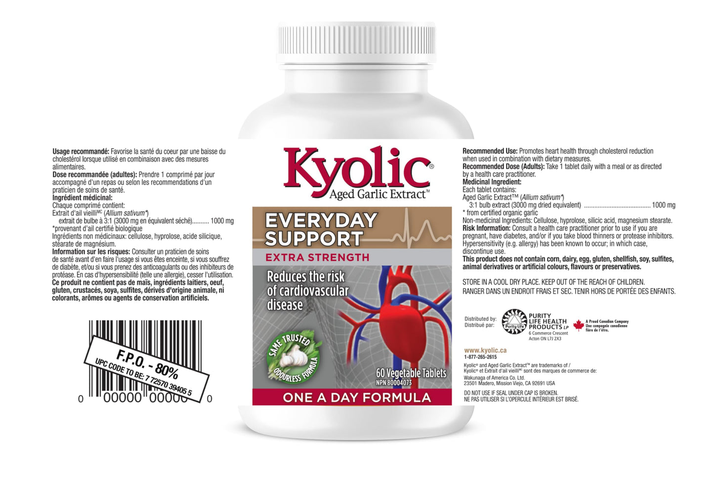 Kyolic - Odourless Aged Garlic Extract Everyday Support Extra Strength One-A-Day 1000mg, 60 Veg Tablets 60-Day Supply - Kyolic Garlic Supplements, Garlic Pills - Herbal Supplement for Wellness Support - Available at All In One Marketplace Canada