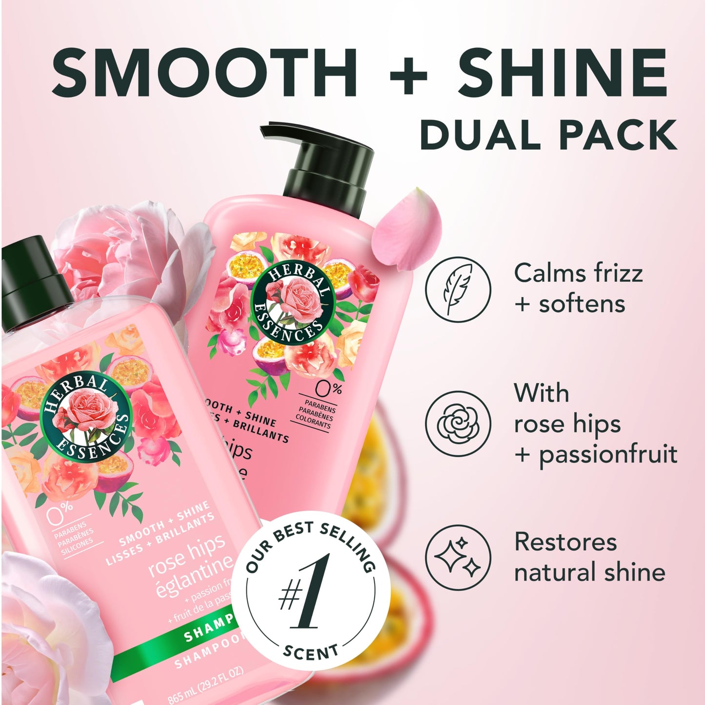 Herbal Essences Rose Hips and Passionfruit Smooth and Shine Shampoo and Conditioner Set, 865 mL Each Herbal Essences