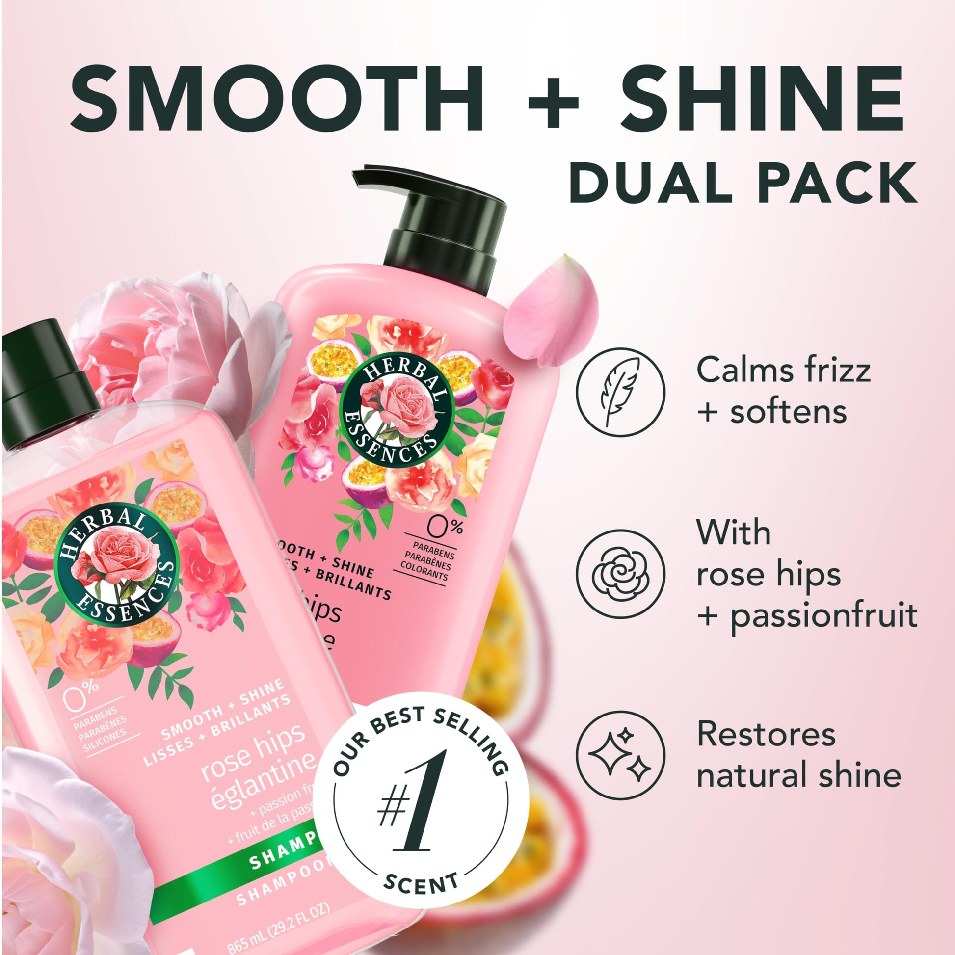 Herbal Essences Rose Hips and Passionfruit Smooth and Shine Shampoo and Conditioner Set, 865 mL Each Herbal Essences