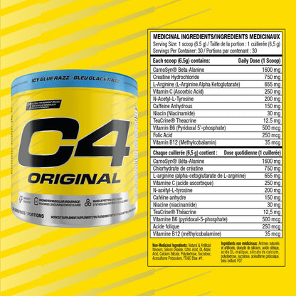 Cellucor C4 Original Pre Workout Powder - Sugar Free Preworkout Energy for Men & Women - 150mg Caffeine, Beta Alanine, Creatine - Icy Blue Razz, 30 Servings Cellucor