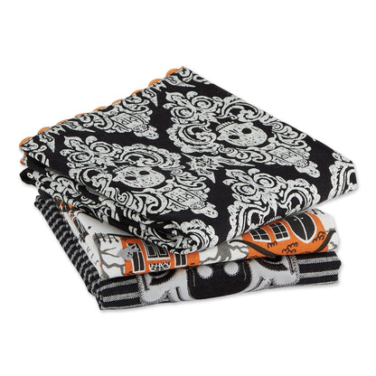DII Happy Halloween Dishtowel Collection Embellished Cotton Kitchen Hand Towel Set, 18x28, Skull Damask/Haunted House, 3 Count