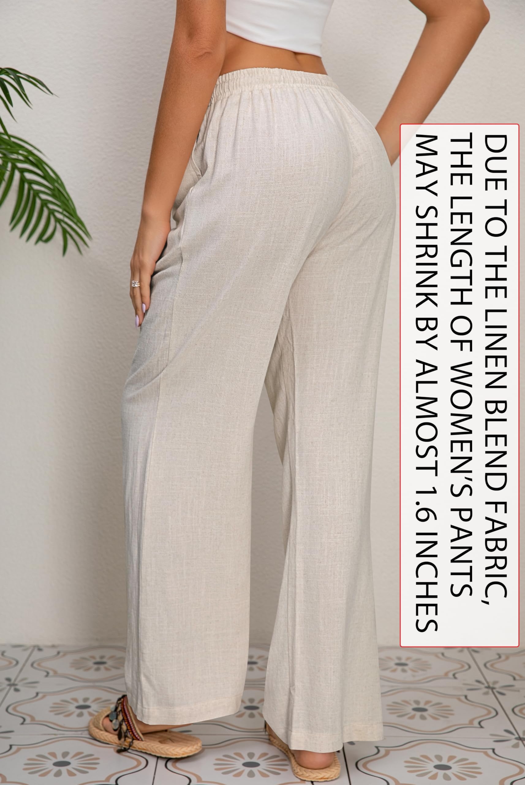 AISEW Women's Cotton Linen Palazzo Pants Drawstring Elastic Waist Casual Wide Leg Long Lounge Trousers with Pockets (Beige, 7031M)