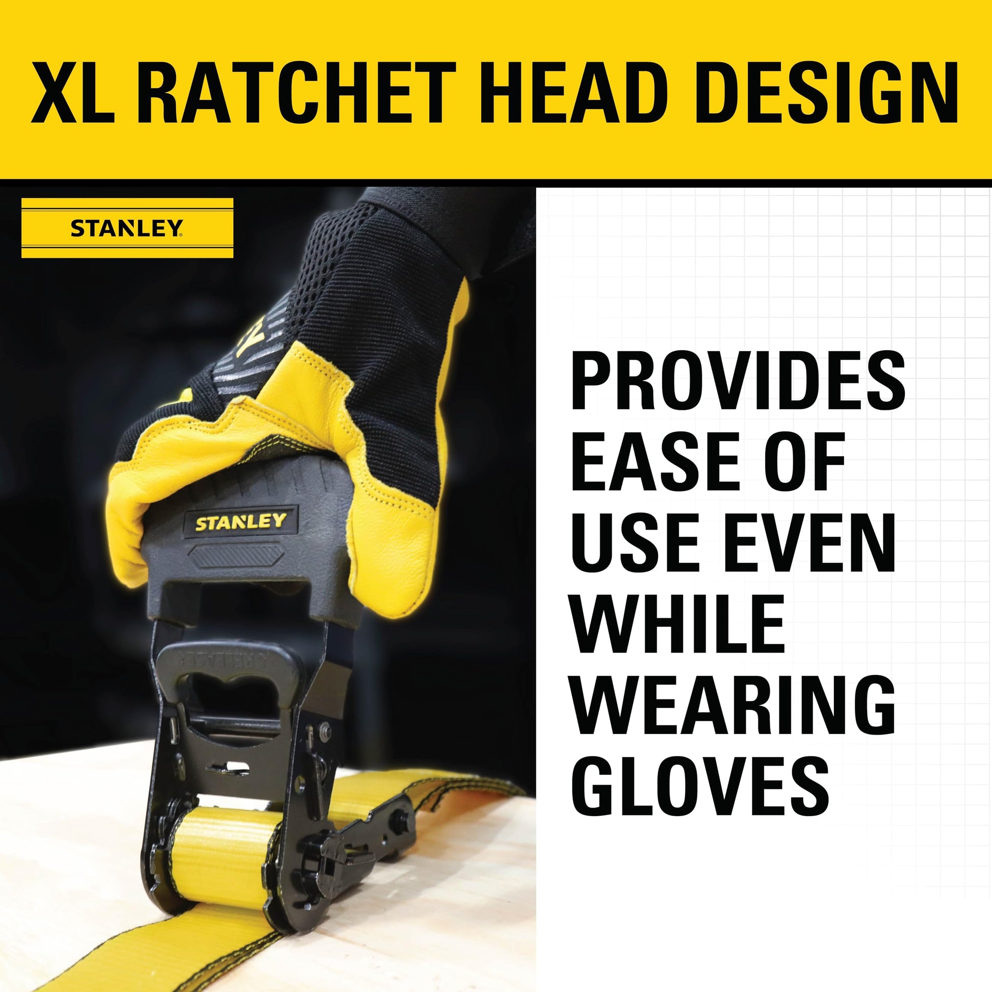 Stanley S1007 Black/Yellow 1.5" x 16' Ratchet Tie Down Straps - Heavy Cargo Securing (3,300 lbs Break Strength), 2 Pack Stanley