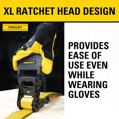 Stanley S1007 Black/Yellow 1.5" x 16' Ratchet Tie Down Straps - Heavy Cargo Securing (3,300 lbs Break Strength), 2 Pack Stanley