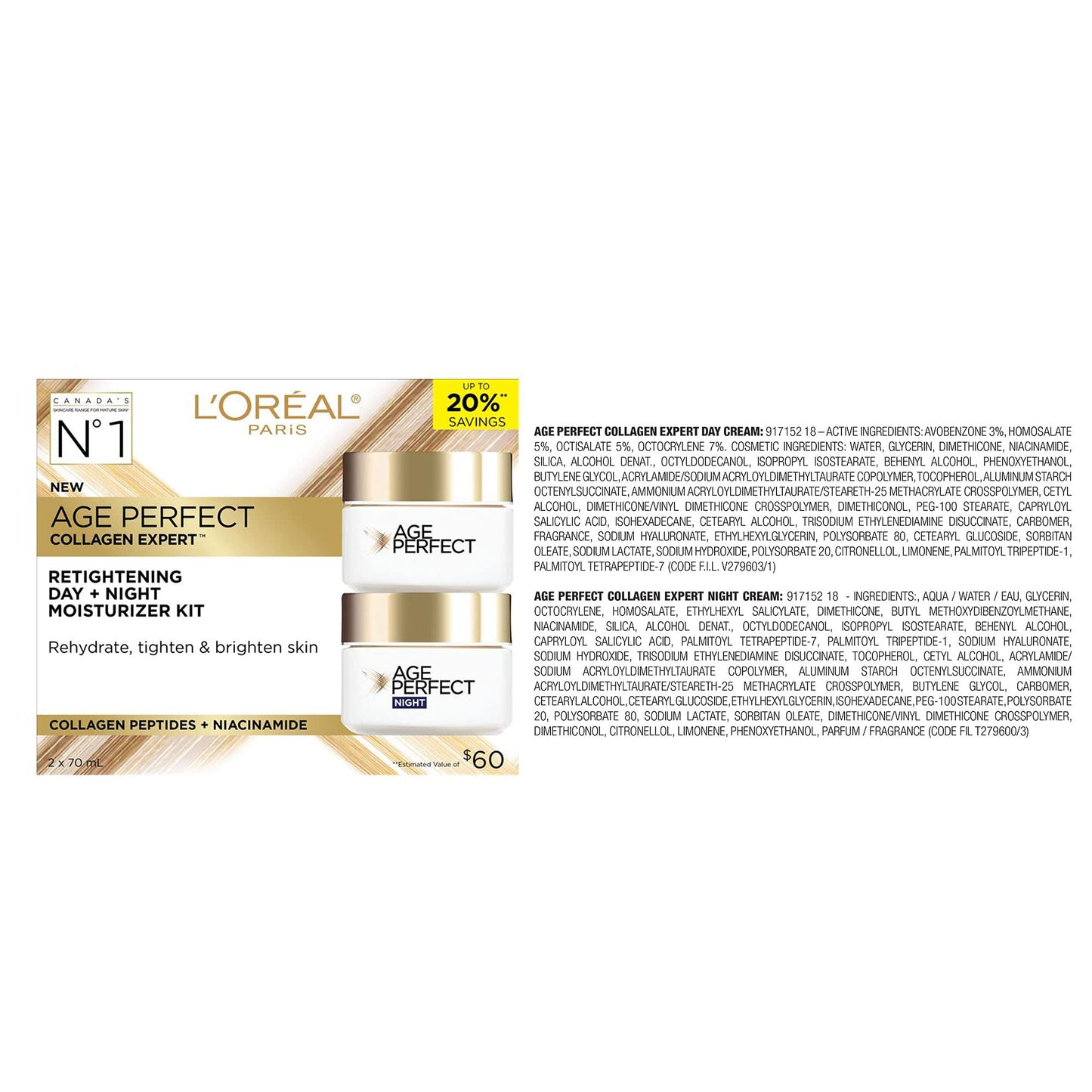 L'Oréal Paris Day & Night Face Moisturizer Cream Skincare Kit (2-Piece), Age Perfect Collagen Expert, with Collagen Peptides + Niacinamides, For Mature Skin, Suitable for Sensitive Skin Skincare kit, 2 x 70 ml L'Oreal Paris