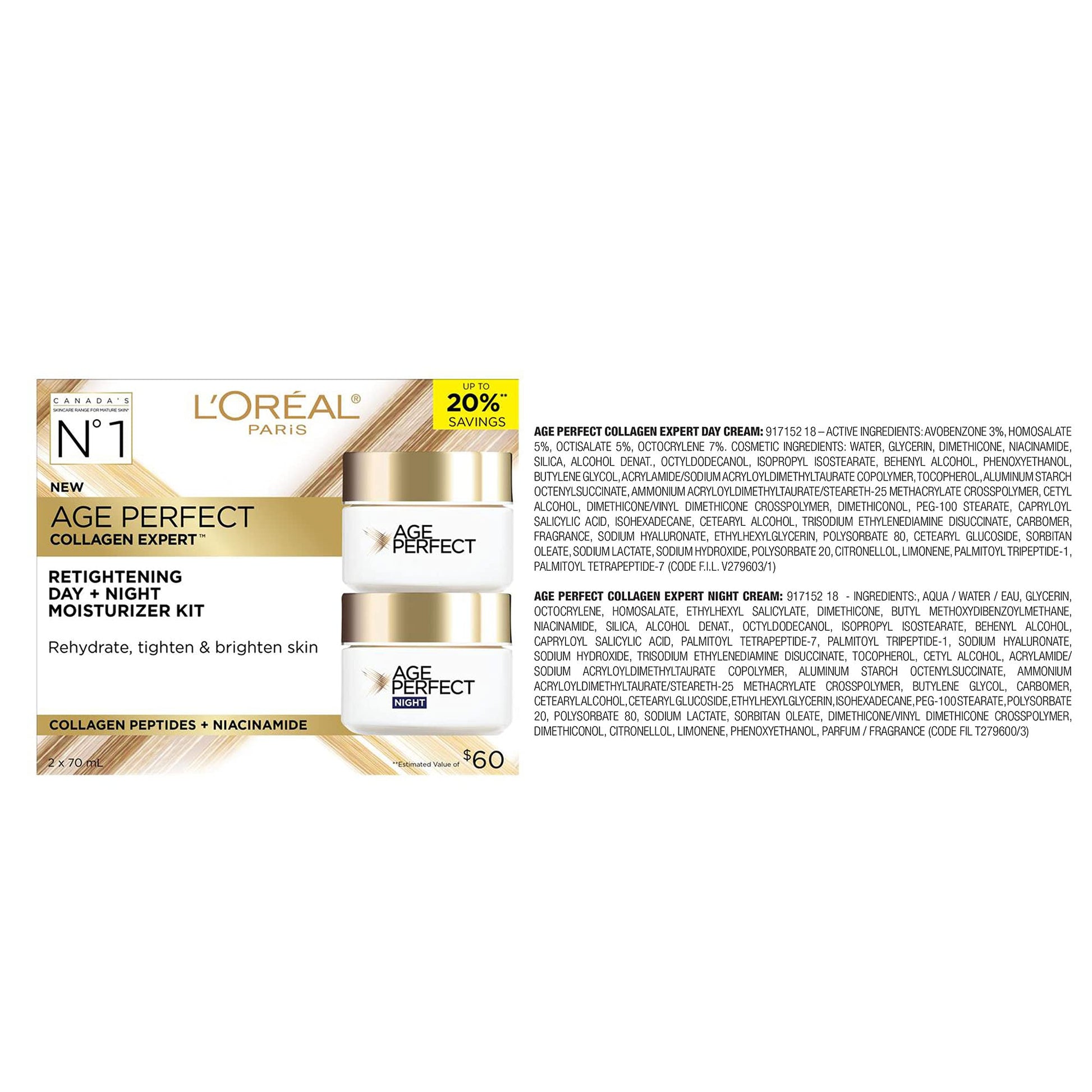 L'Oréal Paris Day & Night Face Moisturizer Cream Skincare Kit (2-Piece), Age Perfect Collagen Expert, with Collagen Peptides + Niacinamides, For Mature Skin, Suitable for Sensitive Skin Skincare kit, 2 x 70 ml L'Oreal Paris