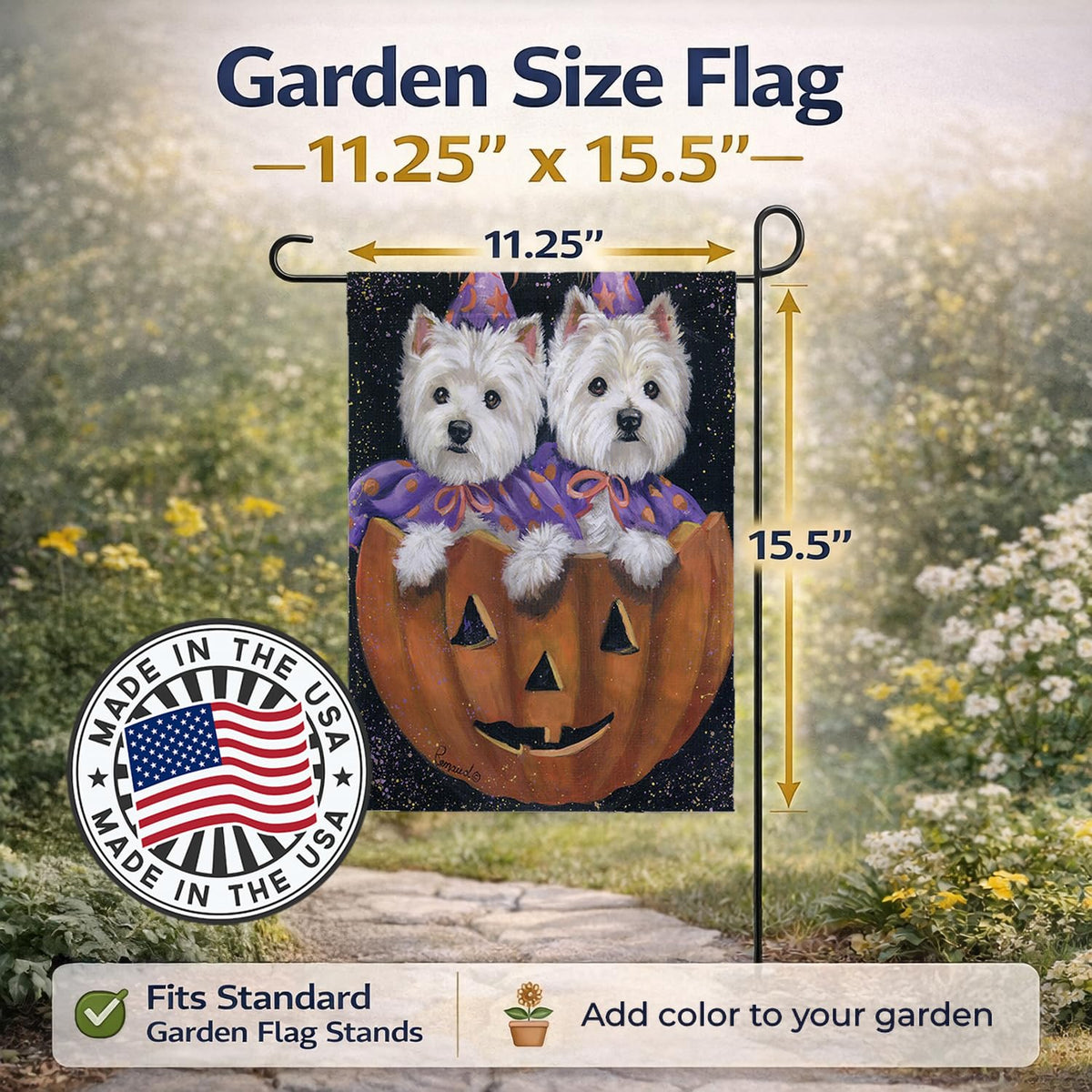 Caroline's Treasures PPP3205GF Westie Halloween Pumpkin Ride Flag Garden Size, Small, Multicolor