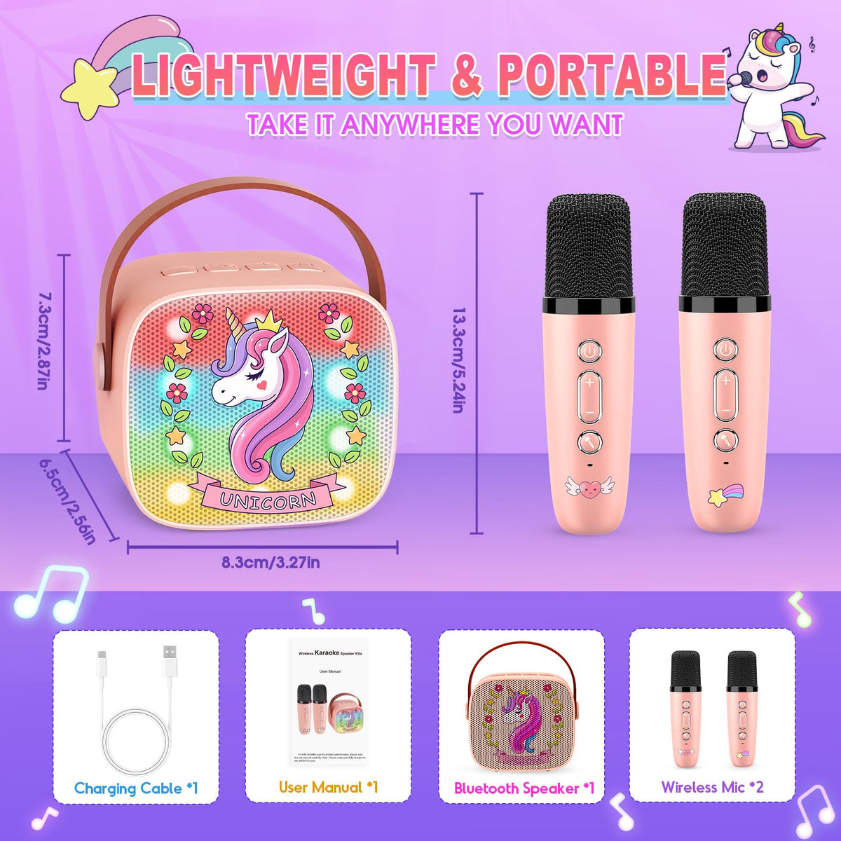 Mini Karaoke Machine for Kids, Exssary 3 4 5 6 7 8-12 Year Old Girl Gifts Portable Bluetooth Speaker with 2 Wireless Microphone Unicorn Toys Christmas Birthday Gifts for Girls Kids Teens (Pink) 🍁 All In One Marketplace Canada