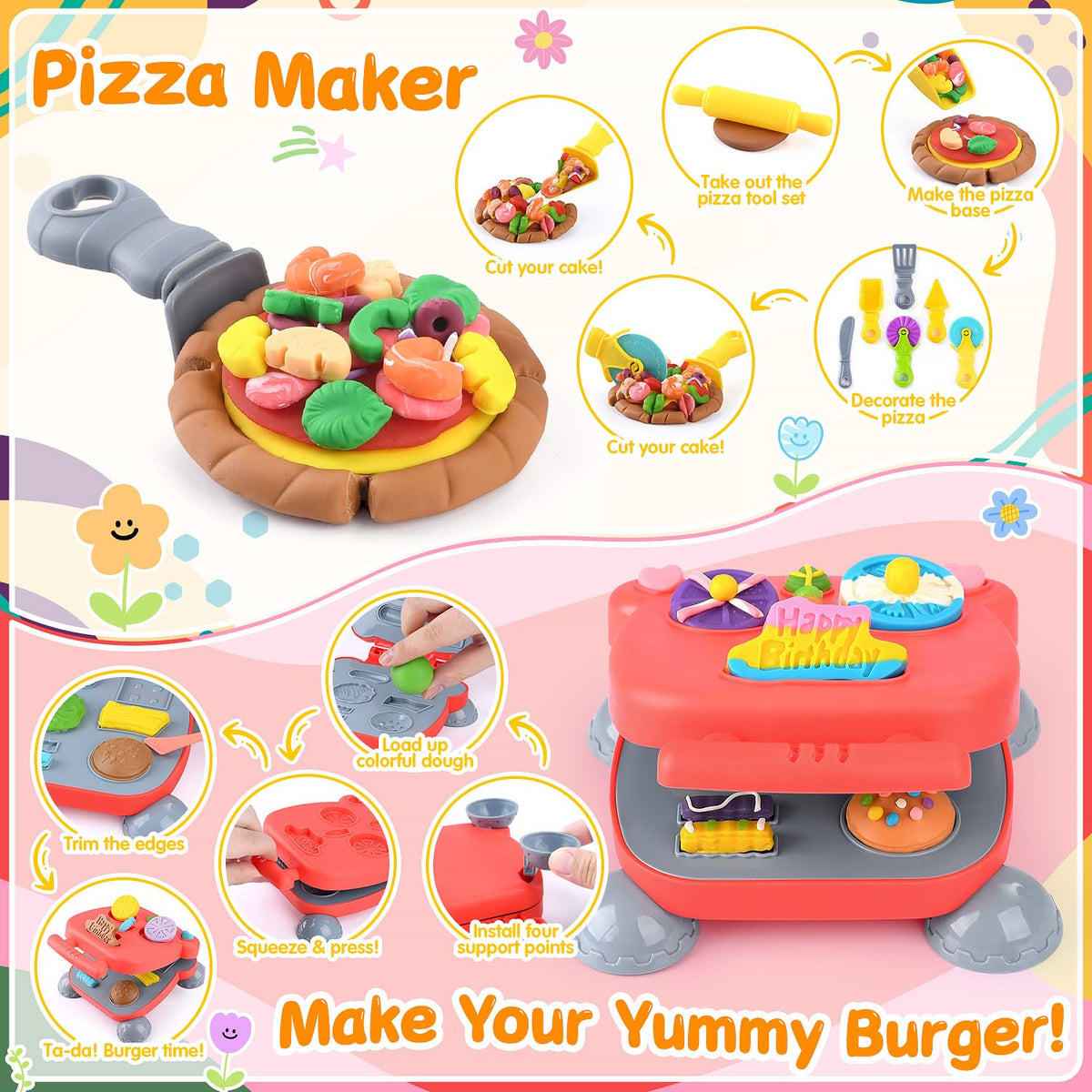 5-in-1 Color Dough Sets for Kids Ages 3+ DIY Food Maker Toys Set with 24 Dough, Arts and Crafts Kit for Pretend Play Ice Cream/Cake/Noodle/Hamburger/Pizza/Baking Set Toys Machines 🍁 All In One Marketplace Canada