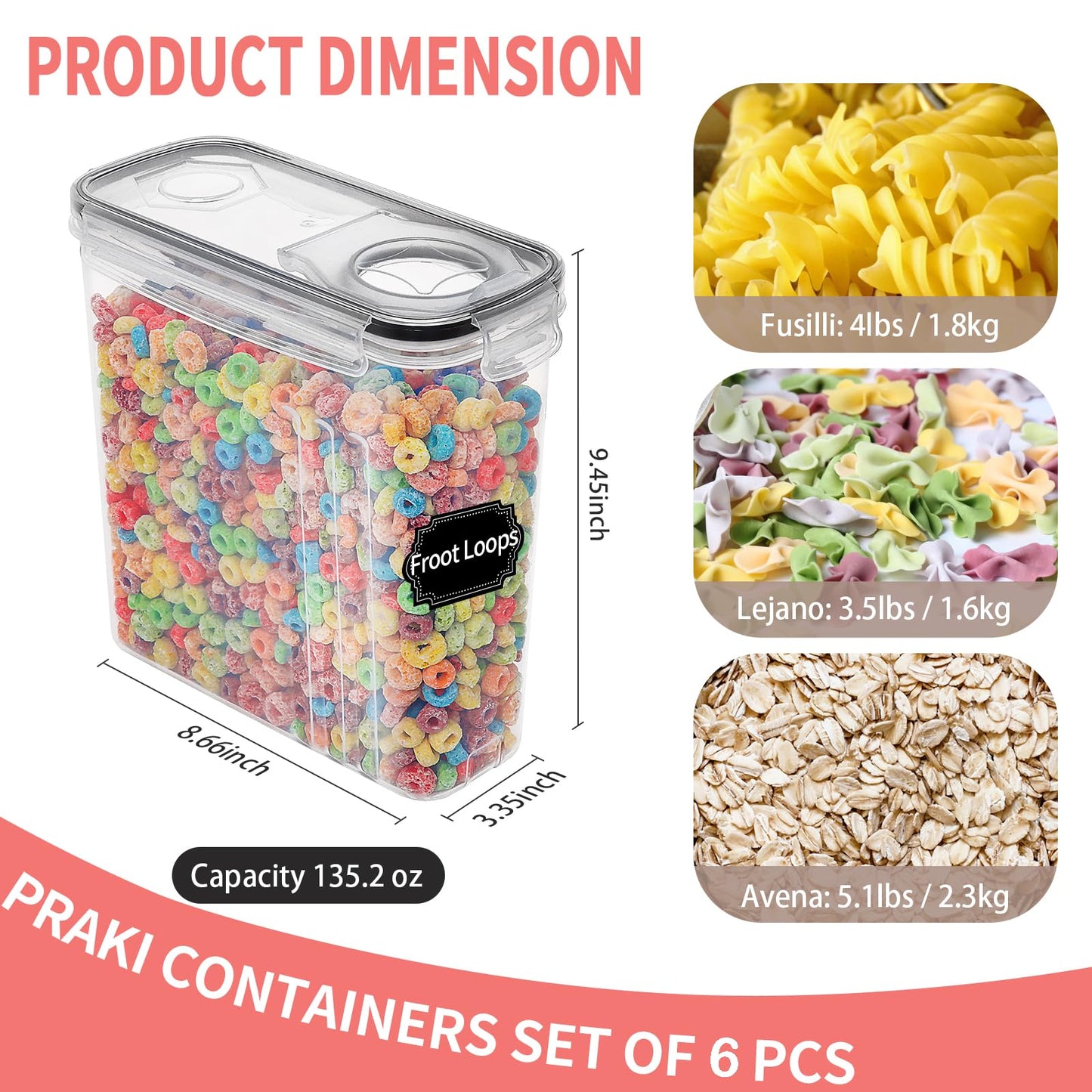 Large Dry Food Storage Containers with Lids, PRAKI 6PCS 4L Airtight Cereal Containers Storage, Leak-proof Canister Set for Kitchen Pantry Organizers and Storage with 20 Labels & Marker - Available at All In One Marketplace Canada