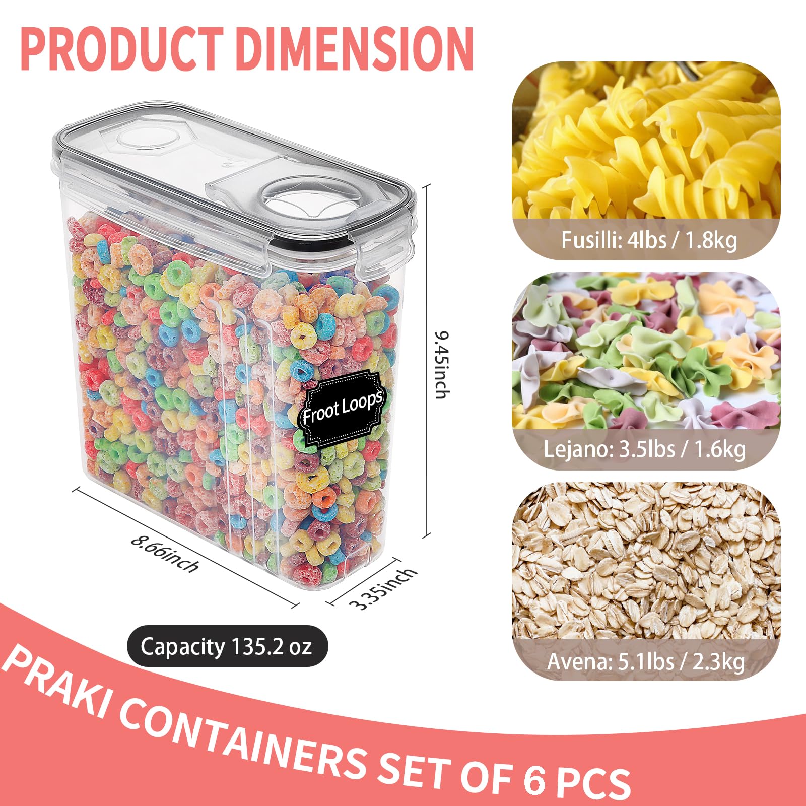 Large Dry Food Storage Containers with Lids, PRAKI 6PCS 4L Airtight Cereal Containers Storage, Leak-proof Canister Set for Kitchen Pantry Organizers and Storage with 20 Labels & Marker - Available at All In One Marketplace Canada