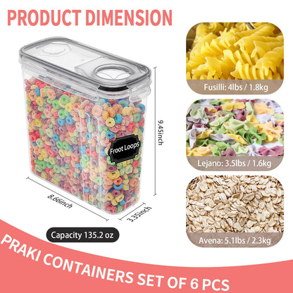 Large Dry Food Storage Containers with Lids, PRAKI 6PCS 4L Airtight Cereal Containers Storage, Leak-proof Canister Set for Kitchen Pantry Organizers and Storage with 20 Labels & Marker - Available at All In One Marketplace Canada