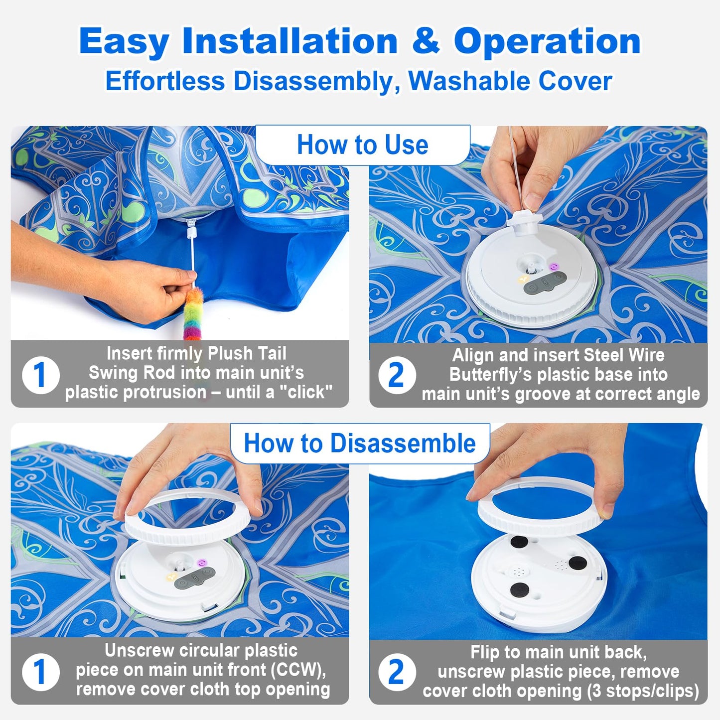 Qraxond Interactive Cat Toys for Indoor Cats,[Newly Upgraded] Rechargeable Touch Activated Hide and Seek Kitten Toy with Fluttering (Blue Cover Cloth Toy)