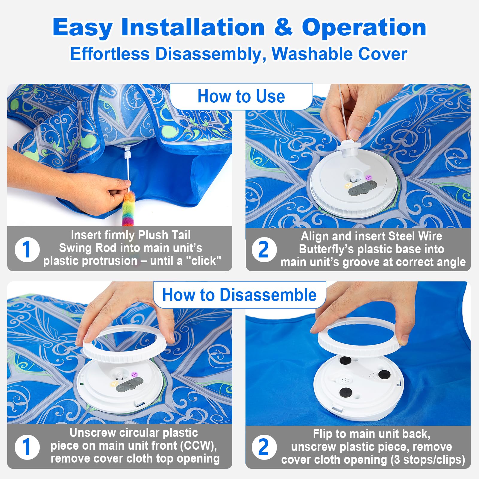 Qraxond Interactive Cat Toys for Indoor Cats,[Newly Upgraded] Rechargeable Touch Activated Hide and Seek Kitten Toy with Fluttering (Blue Cover Cloth Toy)