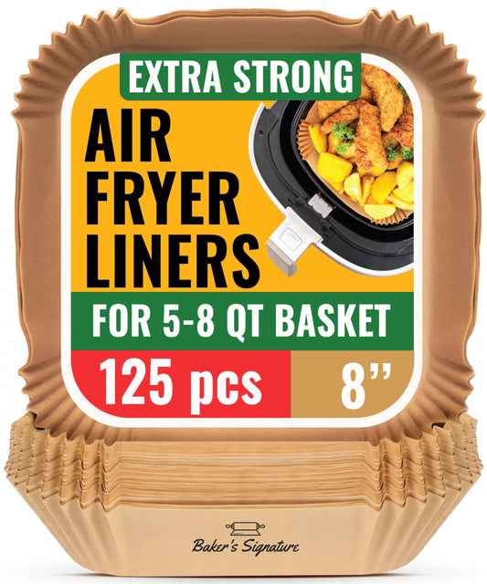 Air Fryer Liners, 125Pcs Disposable Parchment Paper Liners – Non-Stick and Oil Proof for Easy Cleanup – 8” Square for 5-8 qt Basket by Baker's Signature