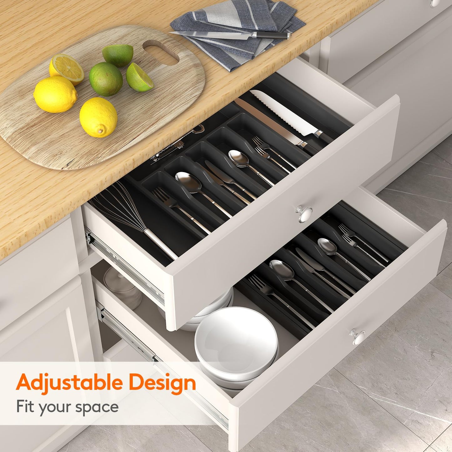 Lifewit Extra Large Cutlery Organizer, Expandable Silverware Drawer Organizer for Kitchen, Adjustable Cutlery Tray Drawer Organizer for Spoon Forks Knives, Cutlery Crocks, 13-22 x 15", Black