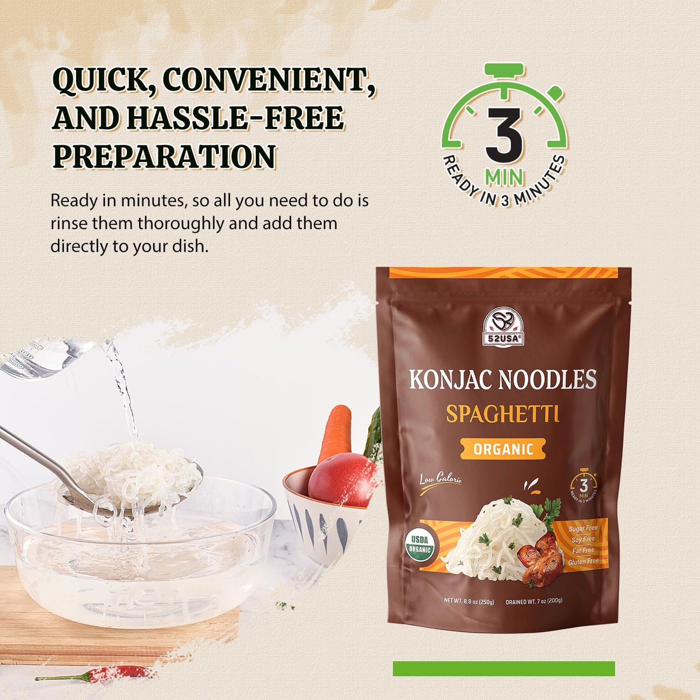 52USA Organic Konjac Shirataki Noodles - Low Carb Pasta Variety Pack (1500g, 6 Pack)