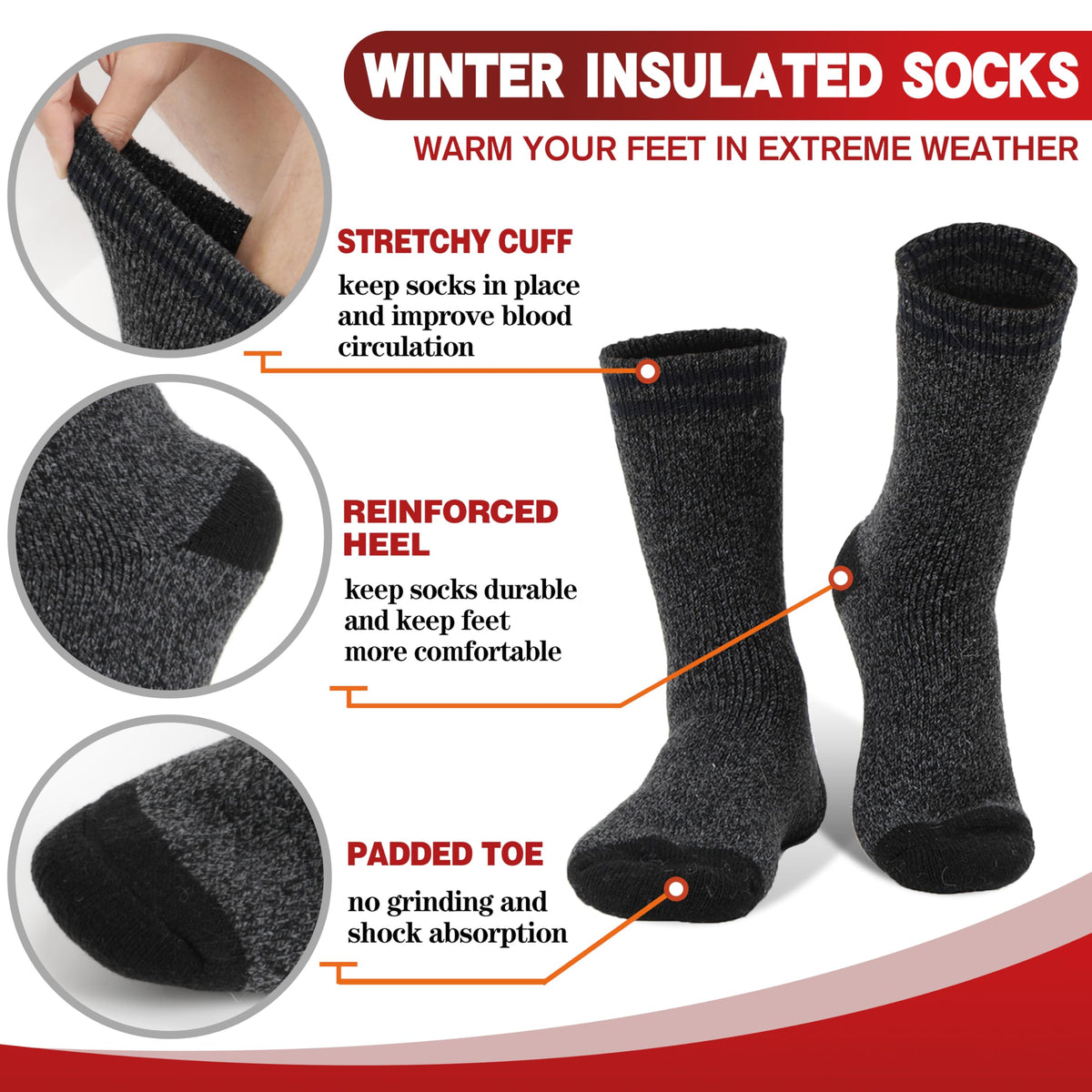 Welwoos Heated Thermal Socks for Men & Women Winter Warm Thick Ski Crew Insulated Boot Socks 3 Pairs Gift Stocking Stuffers for Mens (Grey Black Blue,L) 🍁 All In One Marketplace Canada