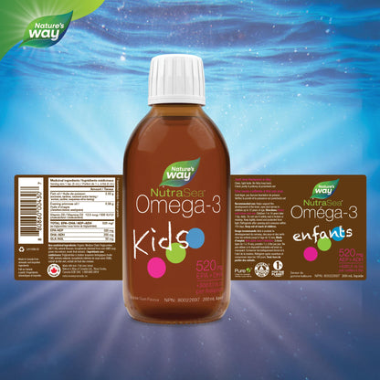 Nature's Way NutraSea Kids Omega 3 + Vitamin D Fish Oil Liquid Supplement for Kids Ages 1 to 14 – Bubblegum Flavour – Brain, Eye & Bone Support – EPA & DHA + GLA + D3, 200 mL - Available at All In One Marketplace Canada