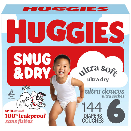 Huggies Size 6 Diapers, Snug & Dry Baby Diapers, Size 6 (28-44 lbs), 144 Count (2 Packs of 72), Packaging May Vary