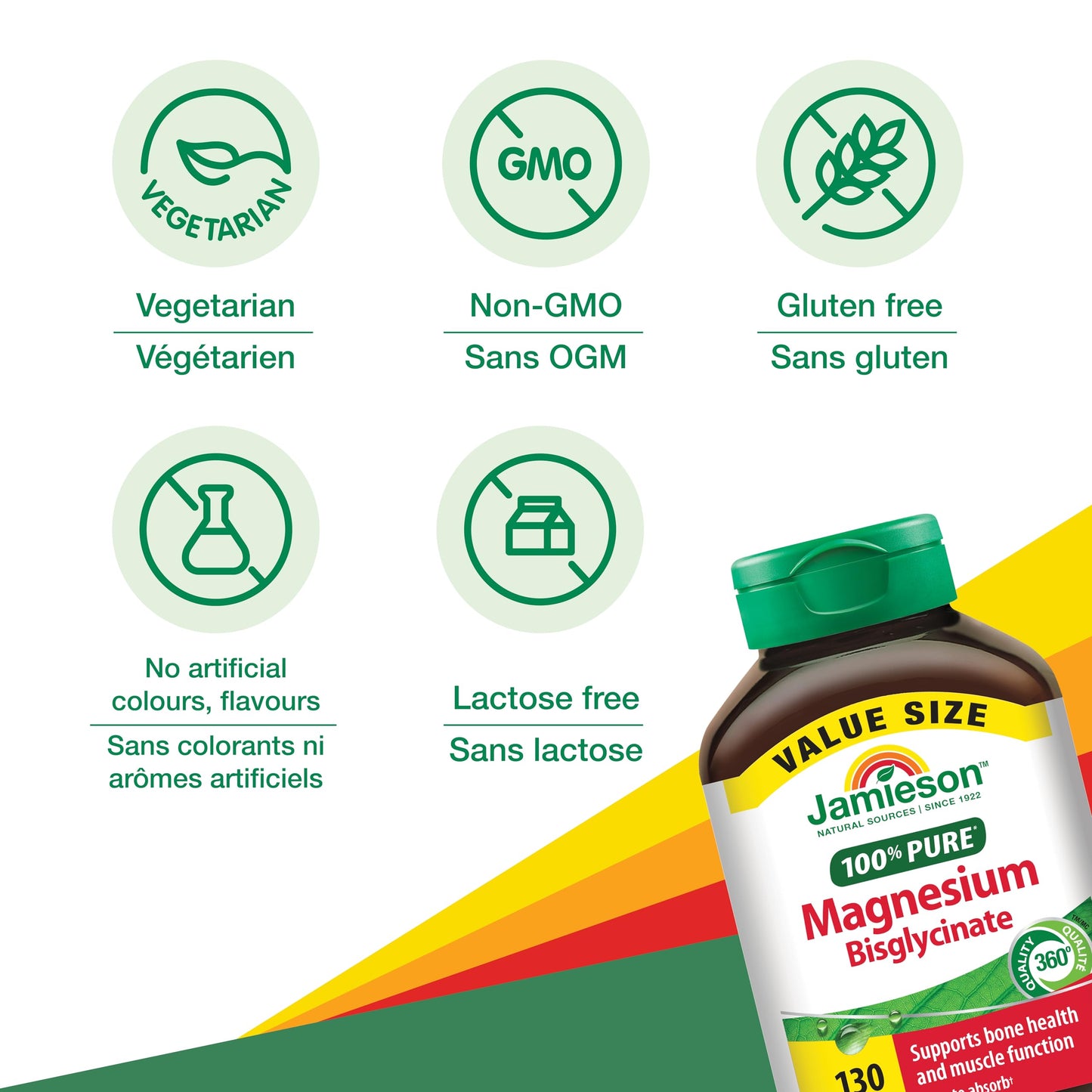 Jamieson 100% Pure Magnesium Bis-glycinate 100 mg Capsules, Not Blended, Magnesium Oxide Free, Supports Bone Development and Muscle Function, Chelated, Source of Electrolytes, Easy to Absorb, Vegetarian, Non-GMO, Gluten-Free, Value Size, 130 Count