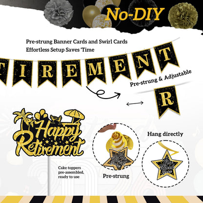 53PCS Retirement Party Decorations Kit for Men & Women, PRE-STRUNG Retirement Decor Set with 72inch Backdrop, Balloons, Sash, Cake Topper, Banner, Honeycomb Centerpieces, Hanging Swirls & Paper Poms 🍁 All In One Marketplace Canada