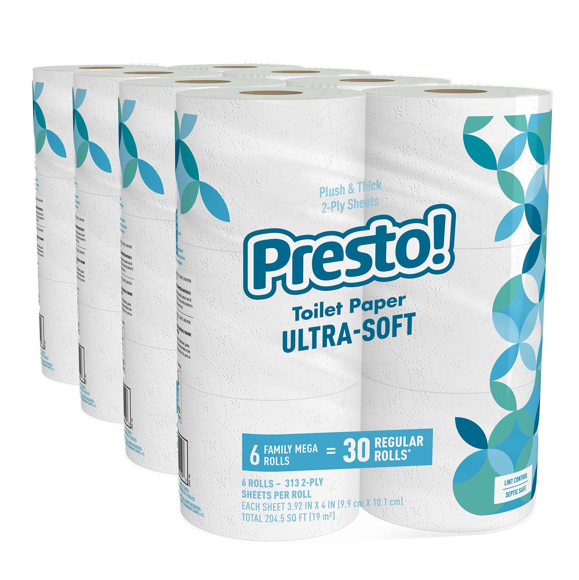 Amazon Brand - Presto! 2-Ply Ultra-Soft Toilet Paper, 24 Family Mega Rolls = 120 regular rolls, 6 Count (Pack of 4), Unscented Presto!