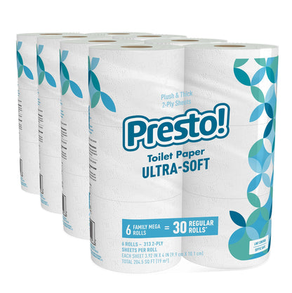 Amazon Brand - Presto! 2-Ply Ultra-Soft Toilet Paper, 24 Family Mega Rolls = 120 regular rolls, 6 Count (Pack of 4), Unscented Presto!