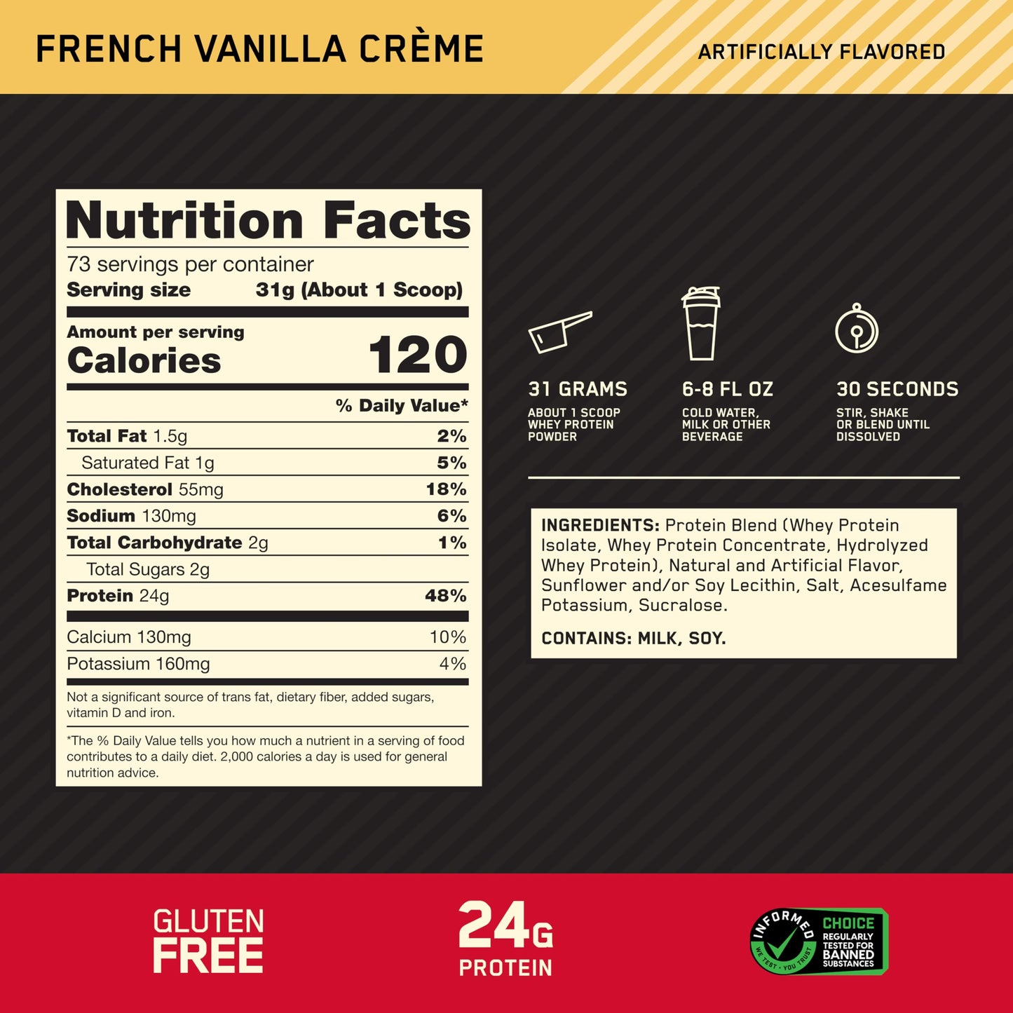 Optimum Nutrition Gold Standard 100% Whey Protein Powder, 2.270g - French Vanilla - 73 servings (packaging may vary)