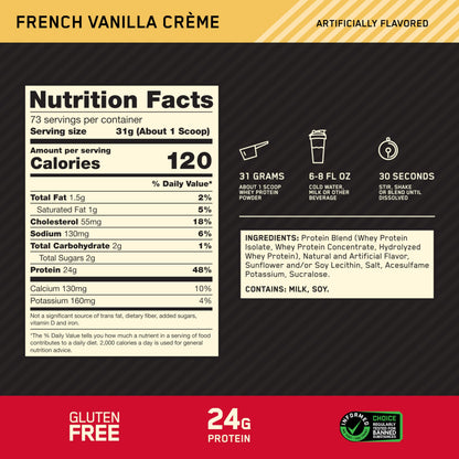 Optimum Nutrition Gold Standard 100% Whey Protein Powder, 2.270g - French Vanilla - 73 servings (packaging may vary)