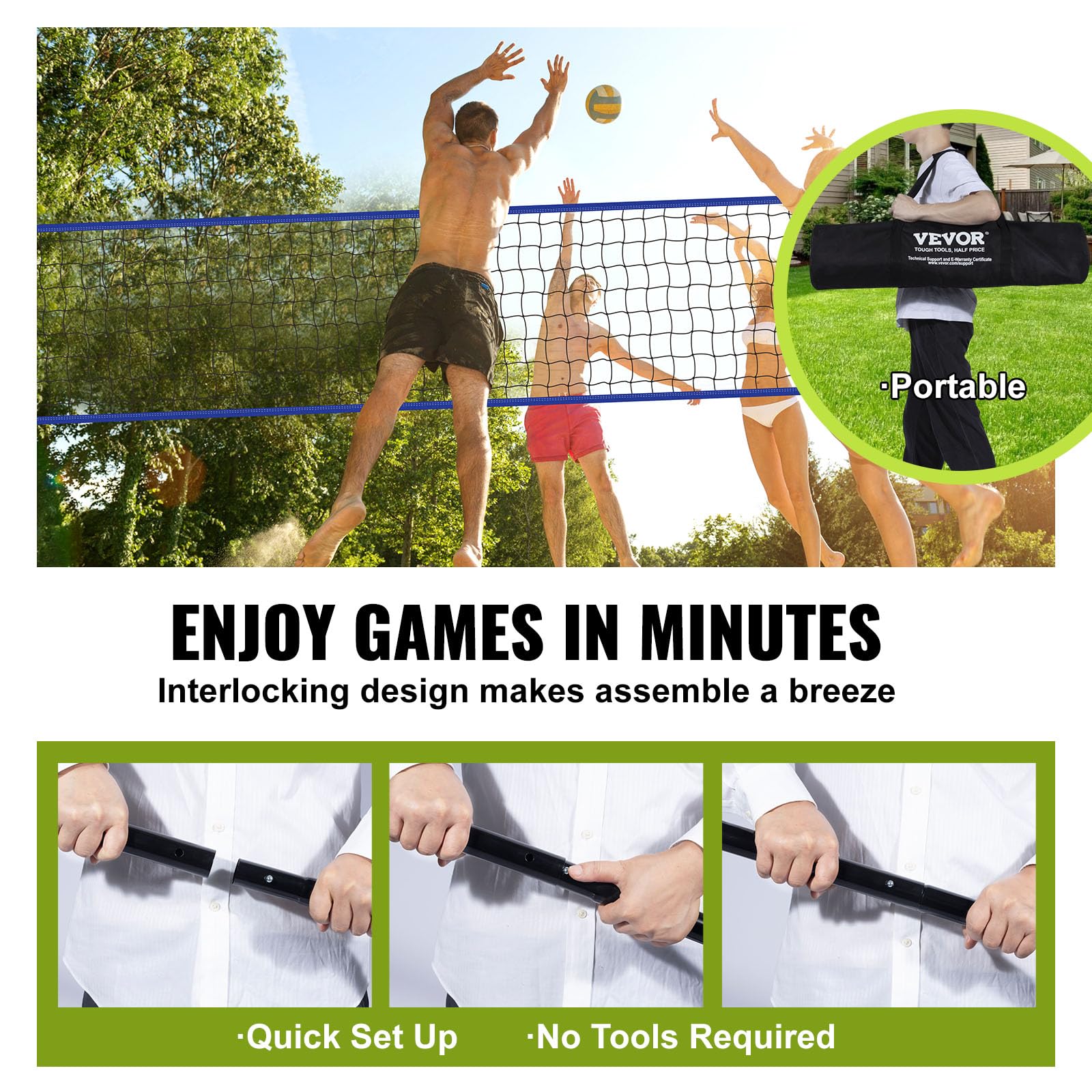 VEVOR Outdoor Portable Volleyball Net System, Adjustable Height Steel Poles, Professional Volleyball Set with PVC Volleyball, Pump, Carrying Bag, Heavy Duty Volleyball Net for Backyard, Beach, Lawn VEVOR