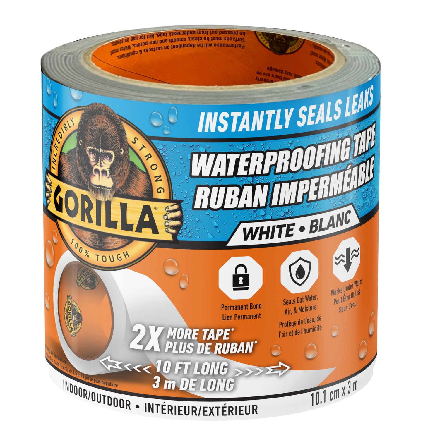 Gorilla Waterproof Patch & Seal Tape, Heavy-Duty, Instantly Seals, Works Underwater, Indoor/Outdoor, Flexible Permanent Bond, 4 in x 10 ft, White