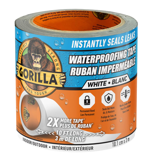 Gorilla Waterproof Patch & Seal Tape, Heavy-Duty, Instantly Seals, Works Underwater, Indoor/Outdoor, Flexible Permanent Bond, 4 in x 10 ft, White
