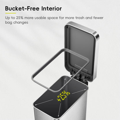 EKO Hudson Slim 50L / 13.2 Gallon Kitchen Trash Can with Lid, Stainless Steel Step Garbage Can for Kitchen or Home, Space-Saving Garbage Can with Soft Close Lid, Stay-Open, Liner Ring, Handle