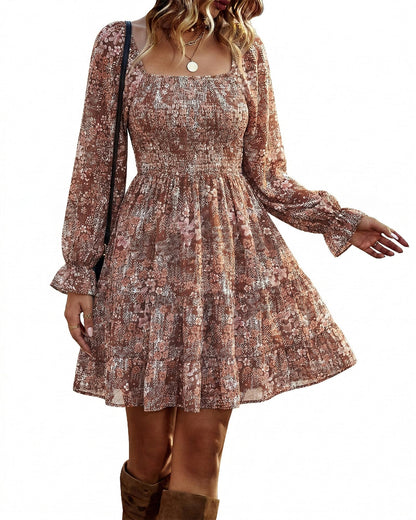 BTFBM Dresses Women Square Neck Long Sleeve Ruffle Hem Floral Short Dress 🍁 All In One Marketplace Canada