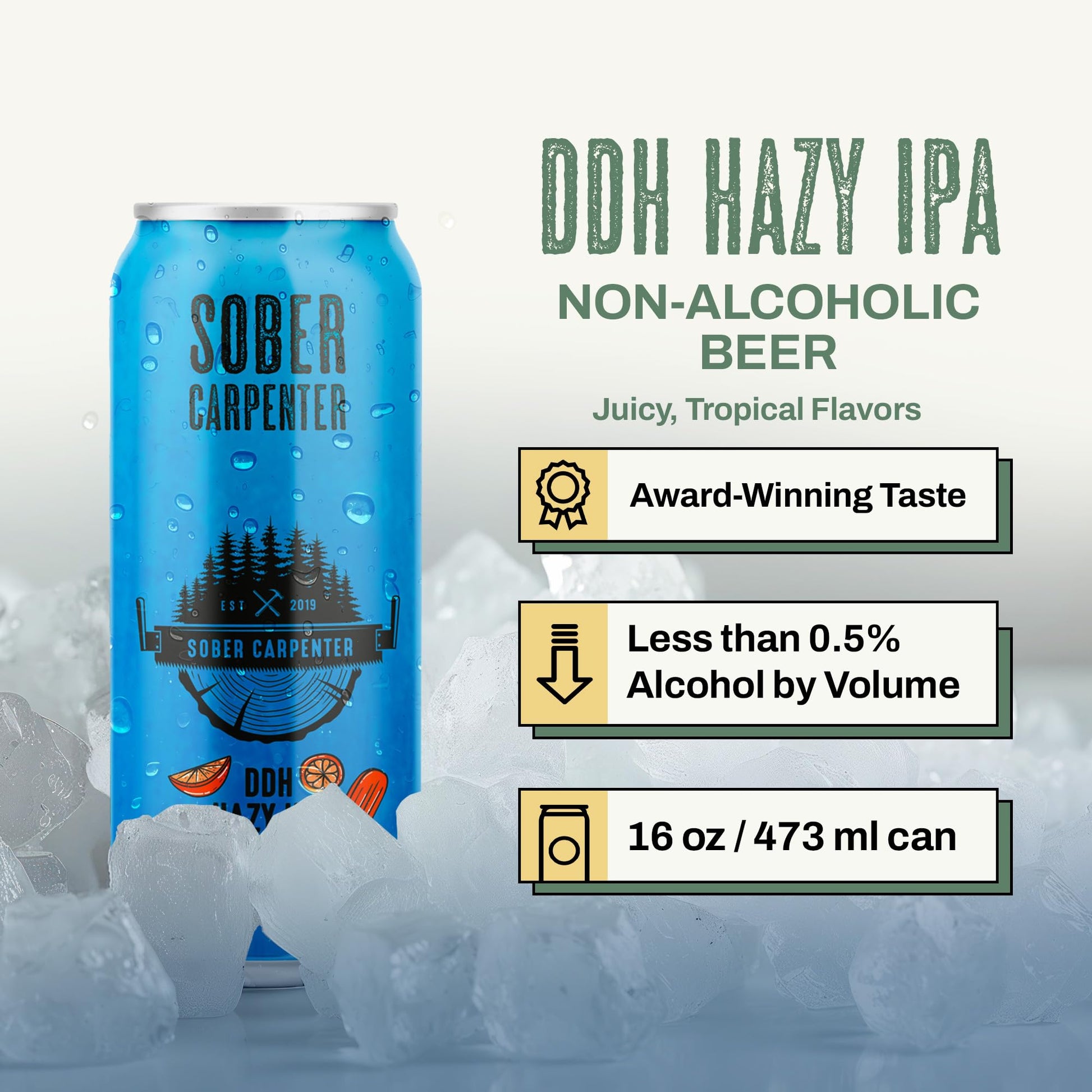 SOBER CARPENTER - DDH Hazy IPA Beer (Craft), All-Occasion Non Alcoholic Beer (with Lactose), Non Alcoholic Spirits & Alcohol Alternative, Low Calorie Drink with 70 Calories, Pack of 12 (16 oz Ea) Sober Carpenter
