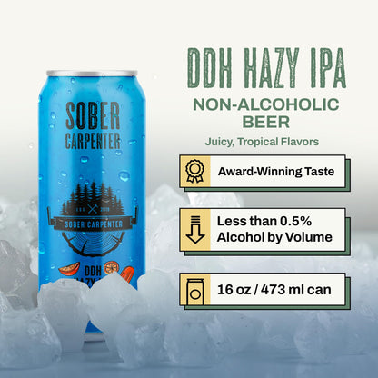 SOBER CARPENTER - DDH Hazy IPA Beer (Craft), All-Occasion Non Alcoholic Beer (with Lactose), Non Alcoholic Spirits & Alcohol Alternative, Low Calorie Drink with 70 Calories, Pack of 12 (16 oz Ea) Sober Carpenter