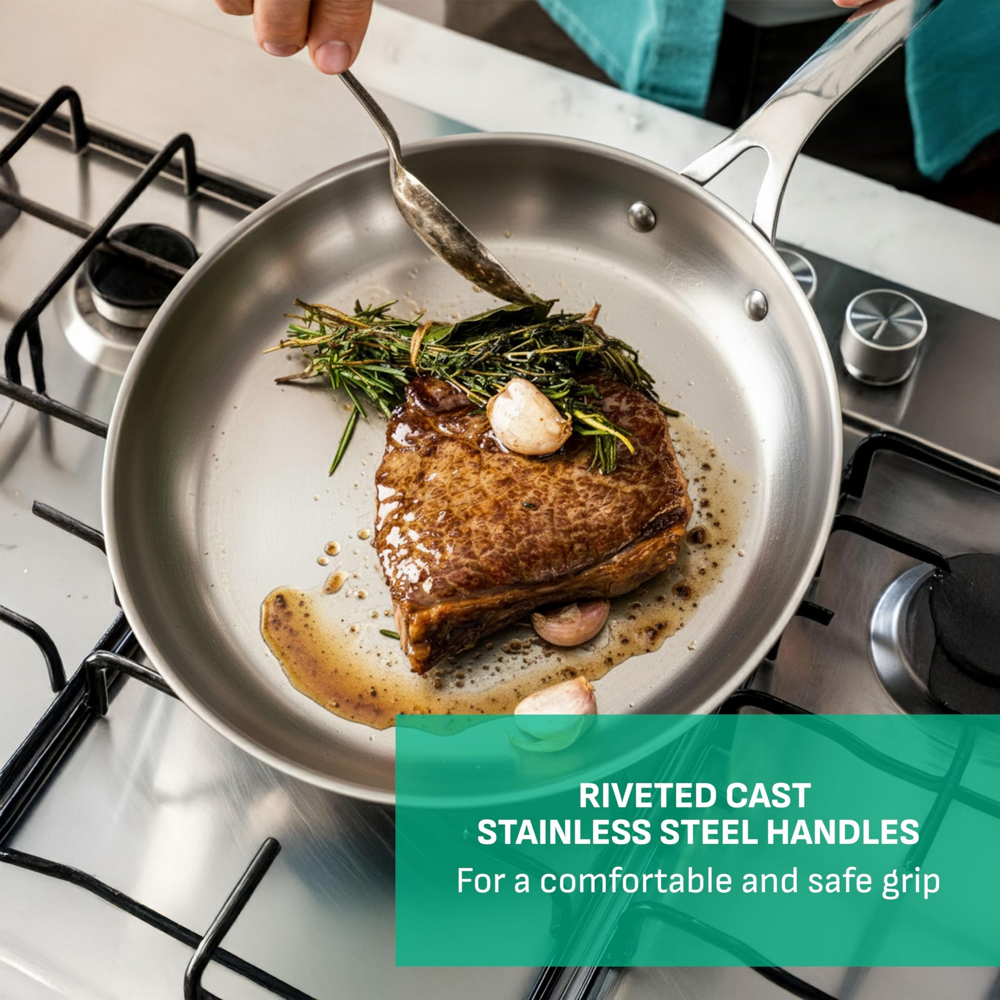 Jamie Oliver by Tefal Cook Smart Frying Pan 11 in / 28 cm, Uncoated Stainless Steel Frying Pan, Robust, Fast Heating, Even Cooking, Riveted Handle, Induction Safe, Oven and Dishwasher Safe T-Fal