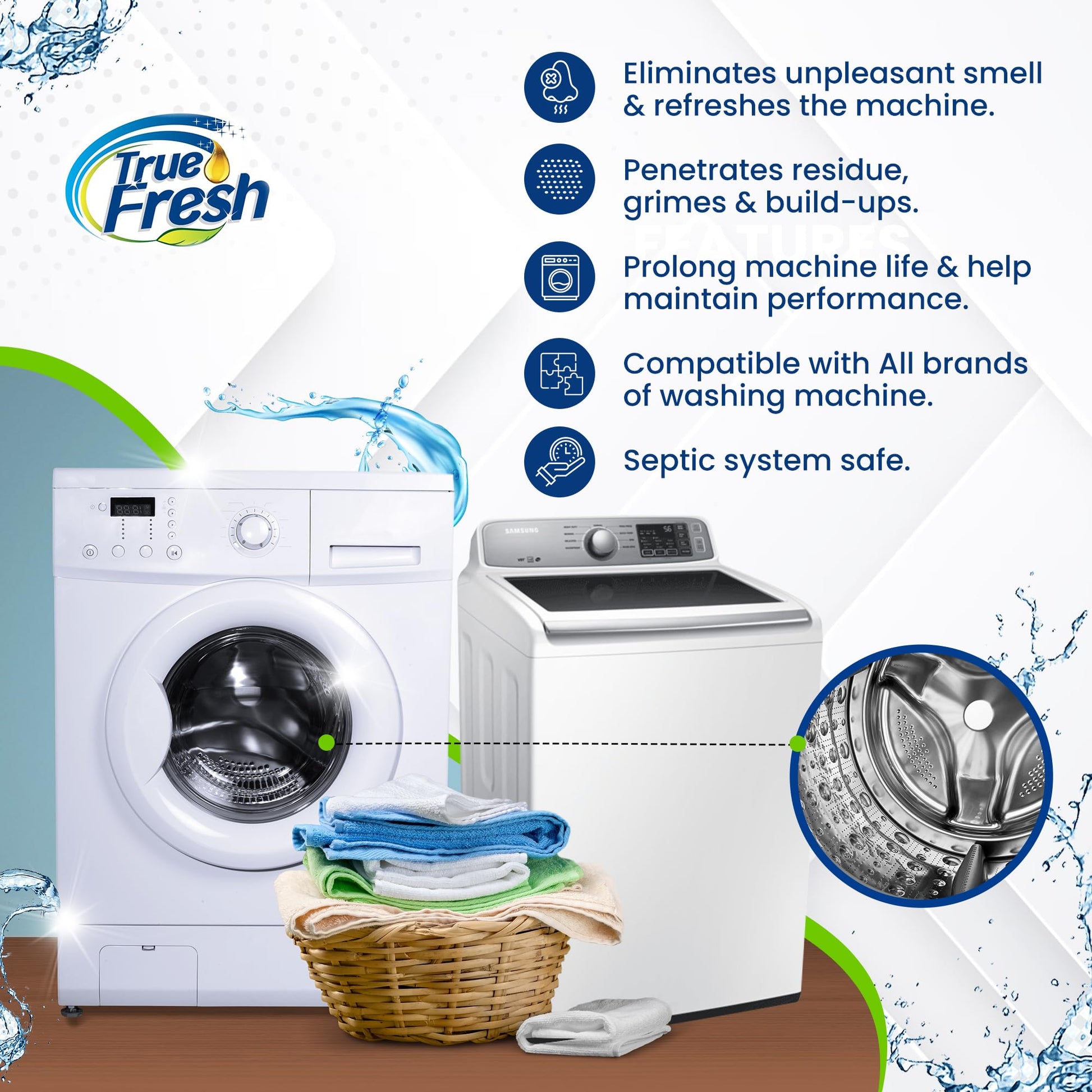 True Fresh Washing Machine Cleaner Tablets, Solid Deep Cleaning Tablet, Finally Clean All Washer Machines Including HE Front Loader Top Load- 15 pack - Available at All In One Marketplace Canada